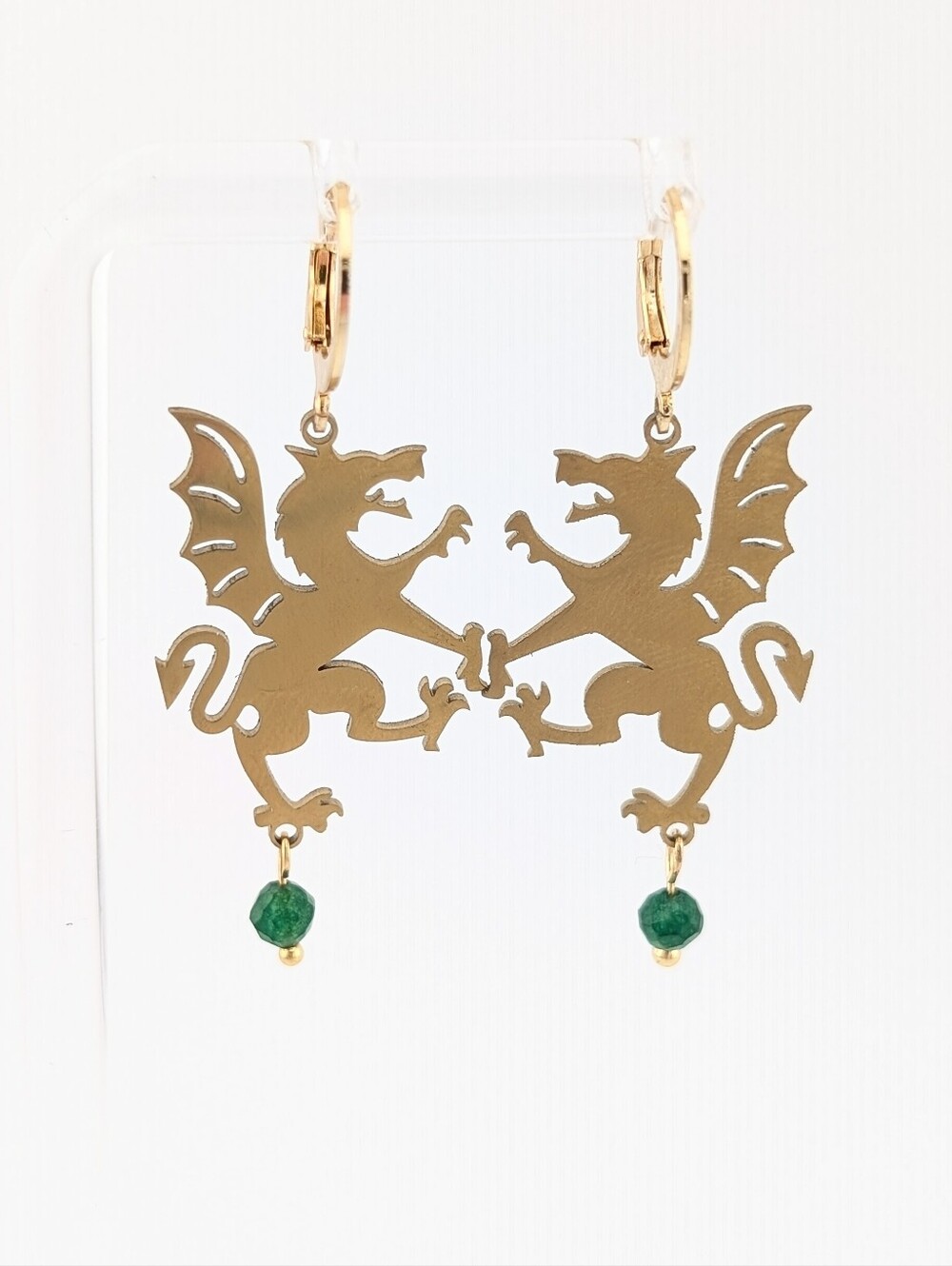 NWT Gold Chimera Dragon Lion Drop Earrings Green Tourmaline Whimsigoth Fantasy